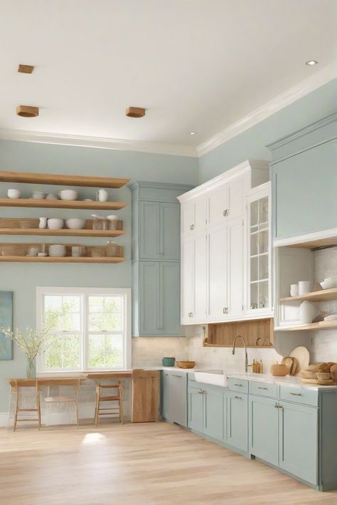 kitchen paint colors, best kitchen paint, oak kitchen cabinets, wall paint for kitchen Seasalt Color Kitchen Cabinets, Sea Salt Painted Furniture, Light Teal Kitchen Walls, Light Blue Walls Kitchen, Coastal Kitchen Cabinets Paint Colors, Sherwin Williams Sea Salt Kitchen, Sea Salt Sherwin Williams Kitchen, Sea Salt Kitchen Cabinets, Sea Salt Cabinets