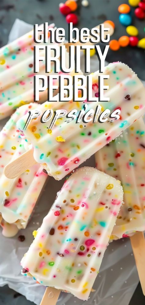 Fruity Pebble Pudding Pops [15 Minutes] – Chasety Pudding Popsicles, Kids Desserts, Frozen Pudding, Pudding Pops, Homemade Vanilla Pudding, Fruity Pebble, Fruity Pebbles Cereal, Pebbles Cereal, Ice Cream Shake