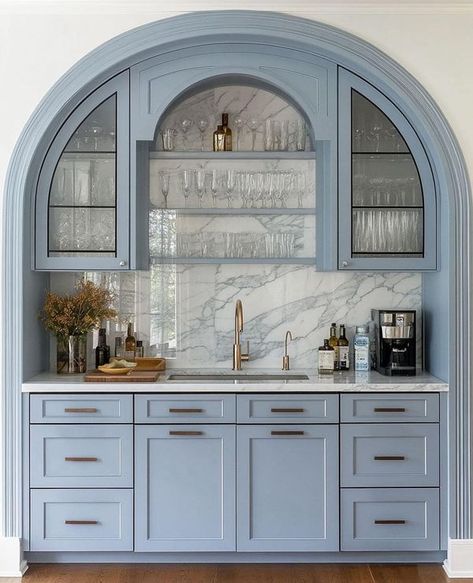 Vivir Design, Kitchen Wet Bar, Home Bar Rooms, Blue Kitchen Cabinets, Victorian Kitchen, Home Bar Designs, Blue Cabinets, Wet Bars, Blue Kitchens