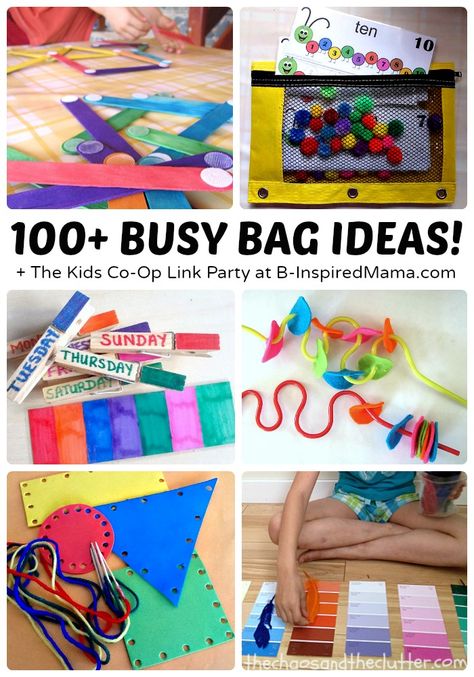 Over 100 Awesome Busy Bags + The Weekly Kids Co-Op Link Party at B-Inspired Mama Busy Bag Ideas, Party Link, Toddler Busy Bags, Busy Activities, Activity Bags, Quiet Time Activities, Craft Sticks, Busy Boxes, Quiet Activities