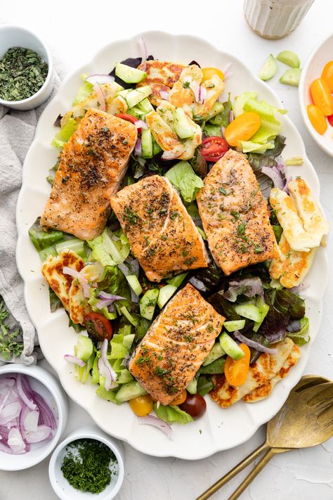 Seared Salmon Salad with Halloumi - The Mindful Hapa Salmon And Greek Salad, Salad With Halloumi, Peach And Halloumi Salad, Spicy Halloumi Salad, Salmon Superfood Salad, Vegan Greek Yogurt, Snap Pea Salad, Seared Salmon Recipes, Dairy Free Salads