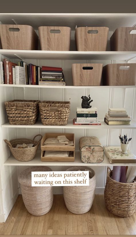 Baskets Under Shelves, Basket Shelf Storage, Storage Baskets On Shelves, Closet Shelf Decor, Room Cubby Ideas, Basement Rental, Bedroom Shelving, Shelves Organization, Wardrobe Shelves