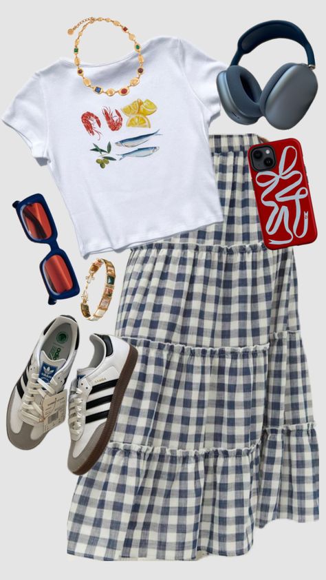 #outfit #outfitinpo #outfitboard #outfitchallenge #ootdfashion #fashioncollage #fashionmoodboard #collage #summer24 #skirt #trends #samba #music #vibes #art #bows #ribbon #gingham Outfit Inspo For Photoshoots, Skirt And Sambas Outfit, Gingham Skirt Outfit Summer, Dopamine Dressing Outfit Summer, Summer Camp Outfit Ideas, Skirt Long Outfits, Gingham Aesthetic, Gingham Skirt Outfit, Washington Dc Outfit