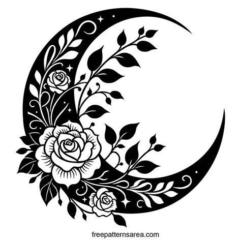 Celestial Vector Art: Free Crescent Moon Designs with Floral Motifs - FreePatternsArea Moon Mandala, Boho Style Design, Moon Vector, Moon Designs, Free Svgs, Projets Cricut, Line Art Vector, Floral Moon, Image Svg