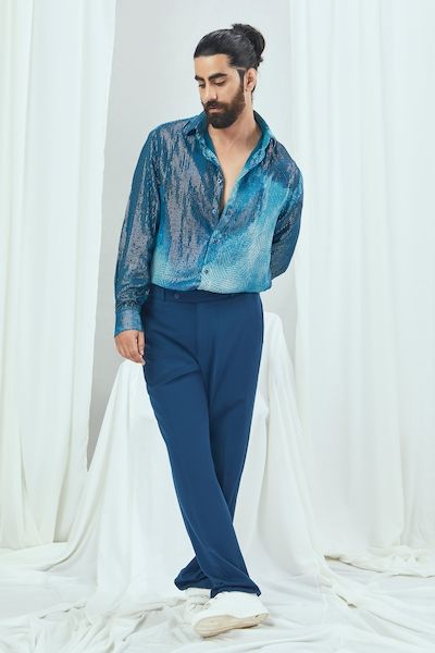 Buy Blue Cotton Linen Embroidered Cutdana Omelette Placement Shirt For Men by Runit Gupta Online at Aza Fashions. Blue Velvet Pants, Geometric Fabric, Velvet Pants, Fashion App, Pants Pattern, Shirt Pattern, Aza Fashion, Cotton Linen, Mens Pants