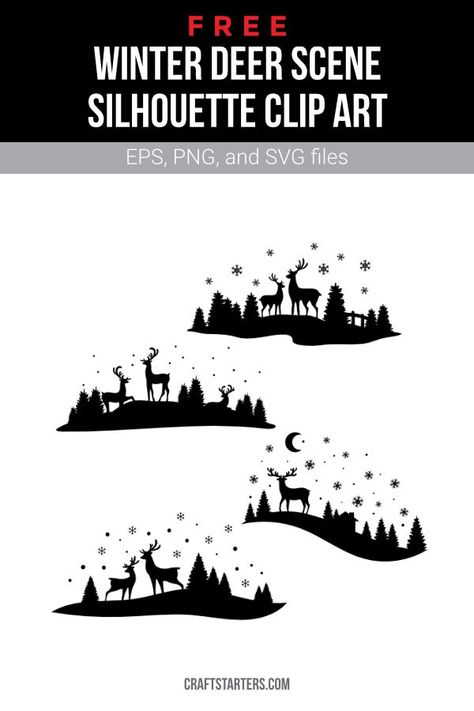 Winter Deer Silhouette, Winter Scene Svg Free, Winter Scene Silhouette, Christmas Scene Silhouette, Christmas Deer Silhouette, Winter Silhouette Scene, Free Deer Svg Files For Cricut, Free Winter Svg Files For Cricut, Winter Svg Free