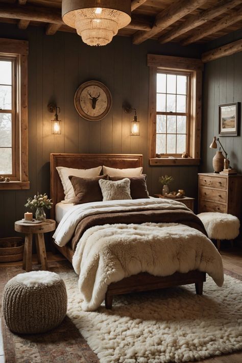 Cozy Lodge Bedroom, Modern Lodge Decor Bedroom, Mountain House Master Bed, Dark Rustic Bedroom Ideas, Log Home Bedroom Ideas Master Suite, Cabin Bedroom Ideas Rustic Modern, Green Cabin Bedroom, Cabin Master Bedrooms Cozy, Lodge Bedroom Ideas