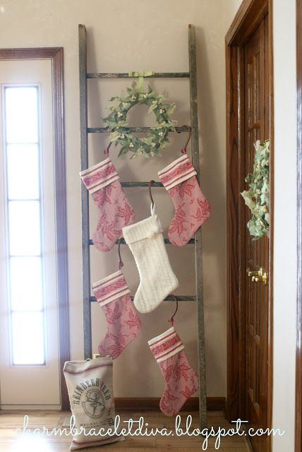 Hanging Stockings Without A Fireplace Mantels, How To Display Stockings With No Fireplace, How To Display Christmas Stockings Without A Fireplace, Large Family Stocking Hanging Ideas, Christmas Stocking Wall Hanger, Christmas Stocking Hangers Diy, Christmas Stocking Ladder Ideas, Hanging Christmas Stocking Ideas, Hang Christmas Stockings Without Mantle