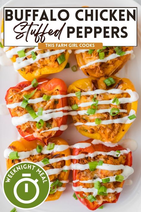 Easy Dinners For Two Healthy Simple, Buffalo Chicken Bake Healthy, Buffalo Chicken Supper Ideas, Buffalo Peppers Stuffed, Easy Buffalo Chicken Stuffed Peppers, Buffalo Stuffed Bell Peppers, Buffalo Bell Peppers, Healthy Food For Dinner Easy, Buffalo Chicken Stuffed Peppers Healthy