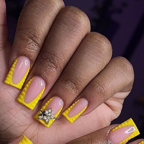 📍SUMTER, SC NAILTECH / HAIRSTYLIST💗 on Instagram: "Nails + Toes 💛✨ • • • • #sumterscnailtech #sumternails #shortnails #frenchtips #crocprint #charms #frenchnails #stylezbyrae #yellownails #yellowtoes #acrylictoes" Cute Nail Ideas Yellow, Short Yellow Acrylic Nails, Yellow Acrylic Nails Designs, Nail Ideas Yellow, Yellow Short Nails, Short Yellow Nails, Yellow Gel Nails, Yellow Toes, Yellow French Tip