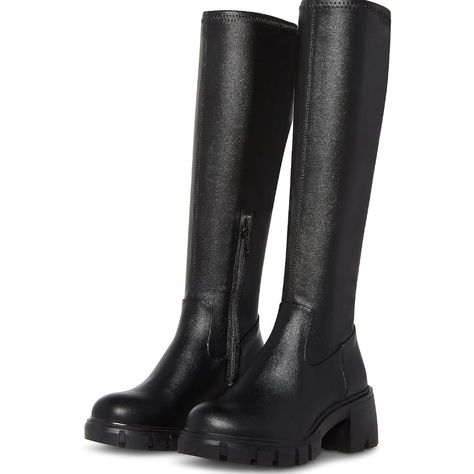 Steve Madden Higher Black Knee High Lug Boots - New In Box Get The Best Of Both Style And Functionality Wearing Steve Madden Higher Boots. The Mid-Calf Lugged Boots Feature A Round Toe Design, Block Heel, And Zipper Closure For Easy On And Off. These Are Crafted With A Polyurethane Upper, Lining, And Footbed. Lug Boots Outfit, Black Boots Knee High, Aspen Trip, Leather Combat Boots Women, Steve Madden Chelsea Boots, Steve Madden Black Boots, Knee High Black Boots, Studded Combat Boots, Heeled Lace Up Boots