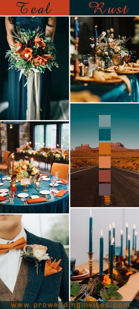 Teal Rust Wedding, Dark Teal Weddings, Teal Blue Weddings, Orange Weddings, Teal Wedding Colors, Rust Wedding, Orange Wedding Colors, Fall Wedding Color Schemes, Rusting Wedding