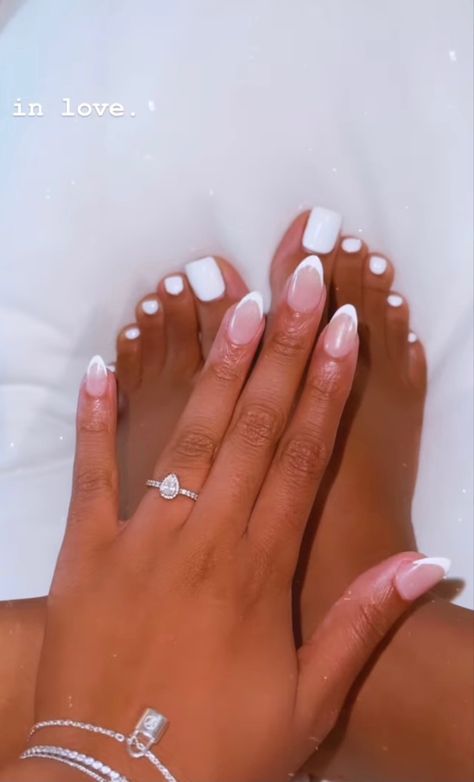 Bride Mani And Pedi, White Mani Pedi Combos, Feet And Hand Nails Matching, Matching Nail And Toe Sets Spring, Matching Feet And Nails, Toe Nails And Nails Matching, Matching Pedicure And Manicure Ideas, Wedding Nails And Toes For Bride, Vacation Manicure And Pedicure