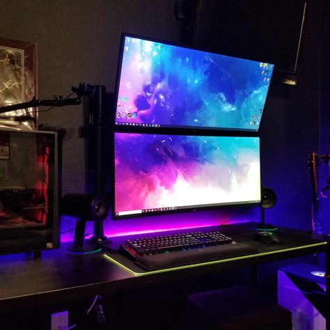 Stacked Monitor Gaming Setup, Dual Monitor Pc Setup, Dual Ultrawide Monitor Setup, Ultrawide Monitor Setup, Double Monitor Setup, Tech Setup, Monitor Setup, Dual Monitor Setup, Home Studio Setup