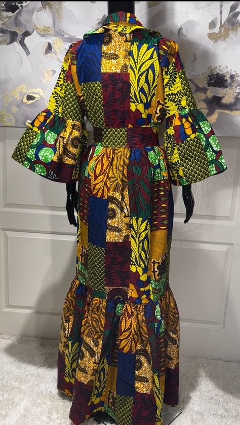 The KEMI African Print Maxi Dress is the perfect dress for any occassion, including holiday parties. A beautiful Ankara patchwork print dress that will make you look stunning. Be ready for all the compliments!  Look Unique. Know You Are Beautiful. Available in sizes S-2XL Yellow, Maroon, Blue, Green, And Black In Color Ankara Patchwork Print  Tiered Dress Ruffled Shirt Colar Ruffled Sleeves  Ruffled Hem Cloth Belt CARE Hand Wash Or Machine Wash On Cool Gentle Cycle. Line Dry, Steam Iron. Maxi Dress Ankara, African Print Maxi Dress, Dress African Print, Dress Ankara, Dress African, Cloth Belt, African Print Dress, Ankara Dress, Patchwork Print