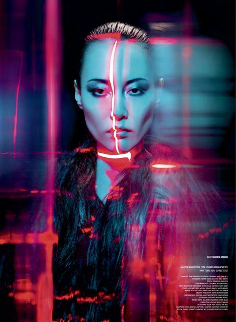 RInko Kikuchi by Tim Richardson For V #84 FALL PREVIEW 2013 As 'The Rise of Rinko' — Anne of Carversville Coloured Light Photography Portrait, Neon Lighting Portrait, Neon Portrait Photography, Neon Editorial, Neon Light Portrait, Geometry Photography, Neon Portrait, Neon Lights Photography, Rinko Kikuchi