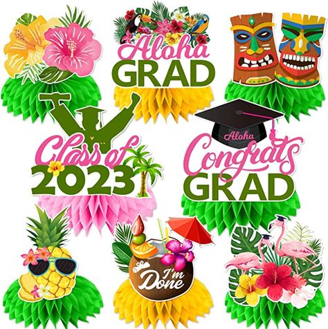 Hawaiian Theme Graduation Party, Aloha Graduation Party, Luau Graduation Party Ideas, Hawaiian Graduation Party, Luau Graduation Party, Hawaiian Graduation, Centerpiece For Party, Graduation Party Table Decorations, Luau Graduation