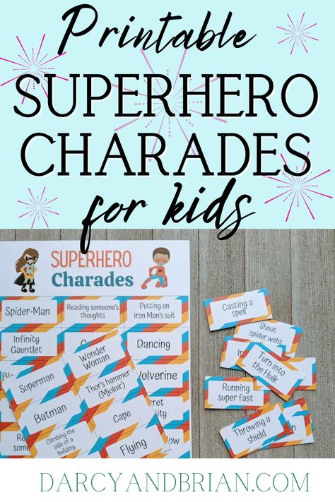 This superhero themed charades for kids printable game is a fun family activity that's easy to start playing with minimal prep. Perfect for kids to play at a superhero birthday party! Great activity for kids at home or at school. Who Is Your Hero Activity, Prek Superhero Activities, Superhero Charades, Super Hero Stem Activities For Kids, Superhero Stem Activities, Spiderman Activities For Kids, Super Hero Crafts, Superhero Games For Kids, Charades Word List