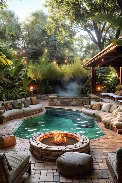 15 Best Pool Landscaping Ideas You’ll Love 13 Large Backyard With Pool Ideas, Pool With Fire Pit, Backyard Bbq Area, Bbq Area Ideas, Luxury Backyards, Spool Pool, Garden Furniture Ideas, Pool Landscaping Ideas, Pool Makeover