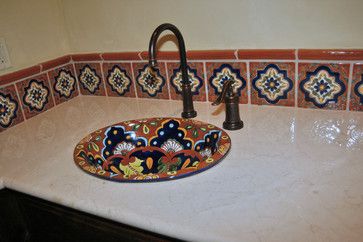 Mexican Sink Bathroom Ideas, Talavera Tiles Bathroom, Outdoor Powder Room, Hacienda Style Bathroom, Mexican Bathroom Ideas, Hacienda Bathroom, Talavera Bathroom, Mexican Tile Bathroom, Bath Design Ideas