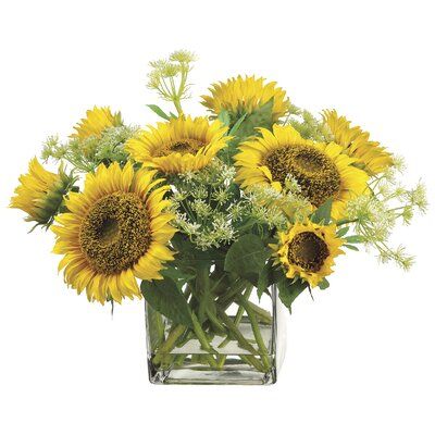 Sunflower Arrangements Vases, Yellow Floral Decor, Sunflower Floral Arrangements, Sunflower Arrangements, Faux Floral Arrangement, Queen Anne's Lace, Square Vase, Silk Plants, Queen Annes Lace