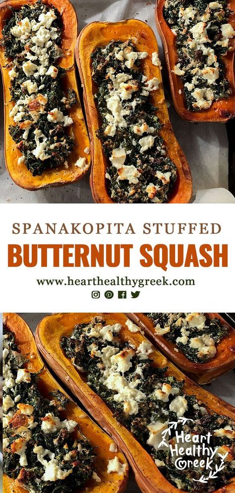 Butternut Squash Baked, Healthy Greek Recipes, Butternut Squash Vegan, Stuffed Butternut Squash, Butternut Squash Spinach, Stuffed Butternut, Baked Butternut Squash, Baked Squash, Spinach Pie