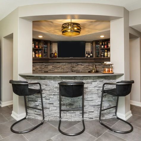 Tile Bar Front Ideas, Home Bar Backsplash Ideas, Stone Bar Ideas, Bar Backsplash Ideas, Stacked Stone Backsplash, Tile Backsplash Ideas, Wet Bar Designs, Natural Stone Backsplash, Stone Tile Backsplash