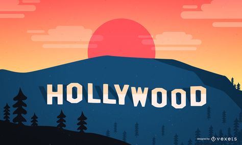 Hollywood illustration featuring the classic Hollywood sign over a sunset. Flat illustration for your projects! Hollywood Sign Illustration, Hollywood Sign Drawing, Hollywood Sign Painting, Hollywood Landscape, Hollywood Illustration, Hollywood Drawing, Hollywood Painting, Hollywood Logo, Voyage Sketchbook