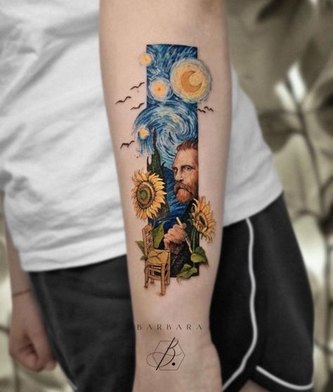 Vincent Van Gogh paintings sunflowers chair and Starry night rectangular tattoo Vangoh Arts Tattoo, Van Gogh Butterfly Tattoo, Van Gogh Tattoo Sleeve, The Starry Night Tattoo, Starry Night Van Gogh Tattoo, Vincent Van Gogh Tattoo Minimalist, Van Gogh Quote Tattoo, Stary Night Tattoos, Can Gogh Tattoo