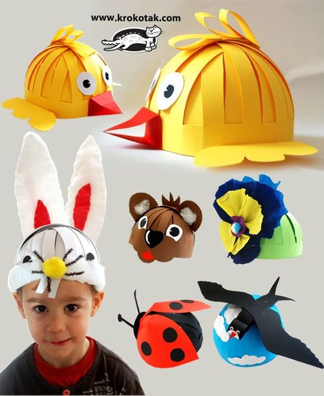 Masks (hats) for kids Paper Hats, Crazy Hat Day, Easter Hats, Diy Ostern, Spring Hats, Crazy Hats, Paper Hat, Childrens Crafts, Animal Crafts