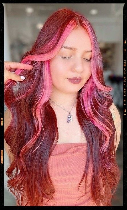 Hair Color Idea - Red Hair - Bubblegum Pink Highlights Red N Pink Hair, Red Hair Pink Peekaboo, Hot Pink Hair With Light Pink Highlights, Dark Pink And Light Pink Hair, Red Hair With Pink Bangs, Dark And Light Pink Hair, Cherry Red And Pink Hair, Bubblegum Pink Highlights, Red Hair With Pink Money Piece