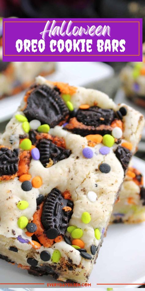 Halloween Oreo Cookie Bars are made with boxed cake mix, Halloween themed oreo cookies, and festive sprinkles to make a fun Halloween dessert or treat. The cookie bars are so easy to assemble. The perfect Halloween treat for family, friends, and Halloween parties. They travel well and are freezer friendly. Halloween Cake Mix Cookie Bars, Halloween Treats With Sprinkles, Halloween Bars And Cookies, Bake Sale Halloween Ideas, Halloween Cookie Brownie, Halloween Magic Cookie Bars, Halloween Blondie Bars, Spooky Rice Crispy Treats, Halloween Oreo Cake Bars