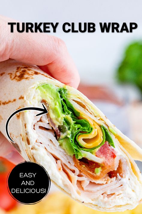 Half of a turkey club wrap being held in the air. California Turkey Club Wrap, Turkey And Cheese Wraps Healthy Lunches, Turkey Ham Wraps, Turkey And Ham Wraps, Turkey Swiss Wrap, Deli Meat Wraps Lunch Ideas, Turkey Bacon Avocado Wrap, Wraps Recipes Ham, Cranberry Turkey Wraps