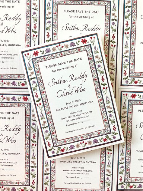 Patterned Save the Date inspired by Indian Mughal art, wedding stationery Wedding Stationery Indian, Mughal Wedding Invite, Linden Illustration, Indian Wedding Stationery, Save The Date Indian, Indian Wedding Invitation, Illustrated Wedding Invitations, Wedding Card Frames, Digital Invitations Wedding