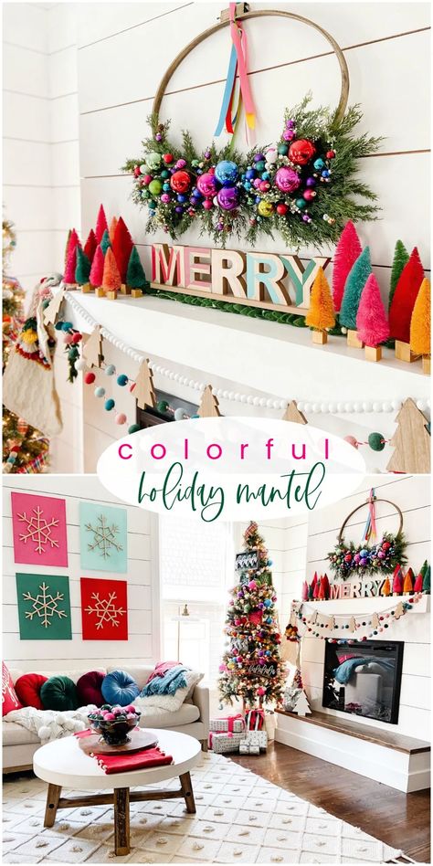 Bright Colorful Merry Mantel Christmas Decor Ideas Mantel Christmas Decor, Mantel Christmas, Bottlebrush Trees, Flocked Christmas Trees Decorated, Holiday Mantel, Rainbows Christmas, Christmas Mantel Decorations, White Christmas Trees, Christmas Mantle