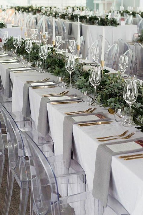 The Most Popular Wedding Color Trends For 2019 ❤ wedding color trends grey long tables woth greenery and candles bianca asher photography #weddingforward #wedding #bride #weddingdecor #weddingcolortrends Grey And Greenery Wedding, Underplates For Wedding, Grey And White Wedding Decor, Wedding Linens Ideas, Grey And White Wedding Theme, Grey Wedding Decorations, Grey Table Setting, Table Clothes For Wedding, Silver Table Decorations