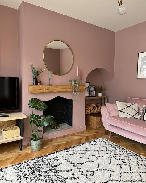 29 Pink Living Rooms That Will Convince You to Redecorate Dark Pink Living Room Walls, Curtains For Pink Walls Living Rooms, Pink Walls Green Curtains, Living Room With Painted Ceiling, Pink Front Room Ideas, Pink Scandinavian Living Room, Rose Colored Living Room, Pink Country Living Room, Mid Century Pink Living Room