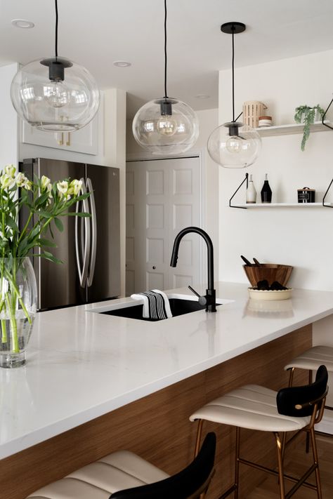 Verdun Condo - Midcentury - Kitchen - Montreal - by Laurie Yapp Design | Houzz White Mid Century Modern Kitchen, Condo Kitchen Renovation, Modern Industrial Kitchen, Midcentury Kitchen, Condo Kitchen Remodel, Custom Kitchen Remodel, Modern Grey Kitchen, Minimalist Bathroom Design, Condo Kitchen