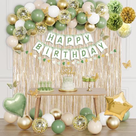 PRICES MAY VARY. Sage Green Birthday Decorations: The green birthday decorations include 54pcs 10” balloons(sage green*20/white*12/gold*12/apricot*10), 8pcs 12” gold confetti balloons, 2pcs gold fringe curtain, 4pcs paper poms, 1pcs happy birthday banner, 1pcs heart banner, 1pcs olive green heart balloon, 1pcs gold star balloon, 1pcs gold cake topper, 12pcs butterfly stickers, 1pcs ribbon, 1pcs glue points, 1pcs knotter. Perfect Birthday Decoration: The green party decorations consist of sage gr Green And Gold Bday Decor, Green Gold And Brown Party Decor, Green Birthday Decorations For Man, Sage Green Birthday Theme, Cottagecore Birthday Party Decor, Birthday House Decorations, Sage Green Birthday Decor, Green Birthday Aesthetic, Green Birthday Decor