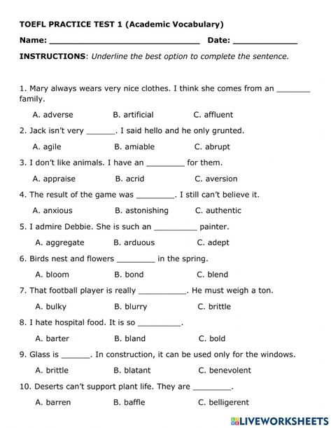 Random vocabulary online worksheet for Upper Intermediate. You can do the exercises online or download the worksheet as pdf. Vocabulary Practice Worksheets, Vocabulary Worksheets Intermediate, Toefl Worksheets, Ielts Worksheets, English Vocabulary Exercises, Toefl Preparation, Toefl Vocabulary, Vocabulary Test, Toefl Exam