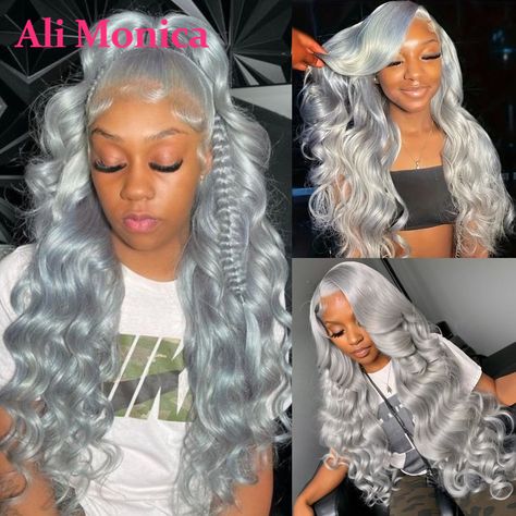 210 Density Silver Grey Colored Lace Wig Body Wave 13x6 Lace Frontal Wigs for Women Human Hair Birthday Color Wigs For Black Women, Birthday Hairstyles For Black Women Lace Front Wigs Color, Bodywave Lacefront Wig Hairstyle, Grey Side Part Wig, Sliver Wigs, 30 Inch Body Wave Wig Hairstyles, Gray Wig Hairstyles, Silver Wig On Dark Skin, Wig Colors For Light Skin