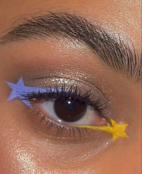 Makeup Inspo Graphic Liner, Multi Colored Eyeliner, Fun Easy Eyeliner Looks, Star Graphic Liner Makeup, Firework Eyeliner, Hooded Eye Colorful Makeup, Lightning Bolt Eyeliner, Graphic Makeup Eyeliner, Graphic Eyeliner Ideas Colorful