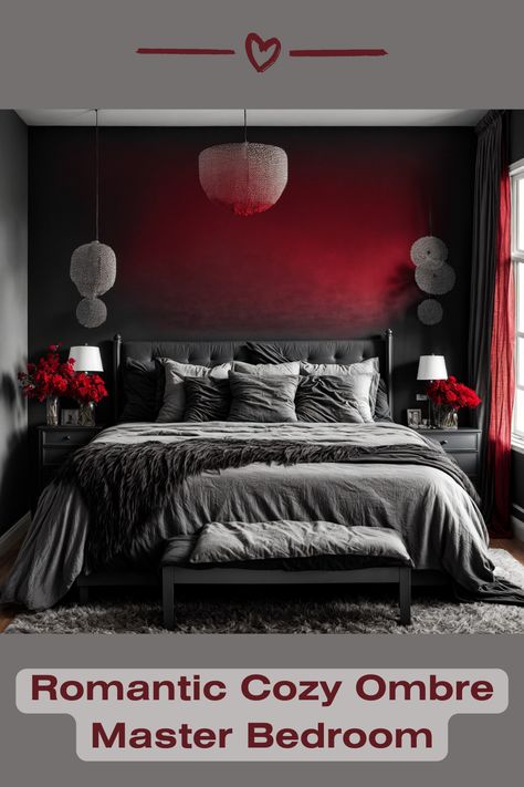 Enter a sensual retreat with this breathtaking romantic cozy Ombre master bedroom. The dramatic Ombre wall art, blending shades of deep red into a velvety black, is the heart of this room, creating an intimate, passionate atmosphere. Luxurious silver bedding, with plush pillows and a sumptuously layered throw, invites a night of romance and dreams. Modern, spherical light fixtures add a contemporary touch, while rich red flowers and dark curtains evoke a classic film noir aesthetic. Deep Red Bedroom Ideas, Black And Red Bedroom Aesthetic, Dark Red Bedroom Ideas, Black And Red Room Aesthetic, Black And Red Bedroom Decor, Black Red Bedroom, Cozy Bed Ideas Comfy, Dark Red Room, Red And Black Bedroom Ideas