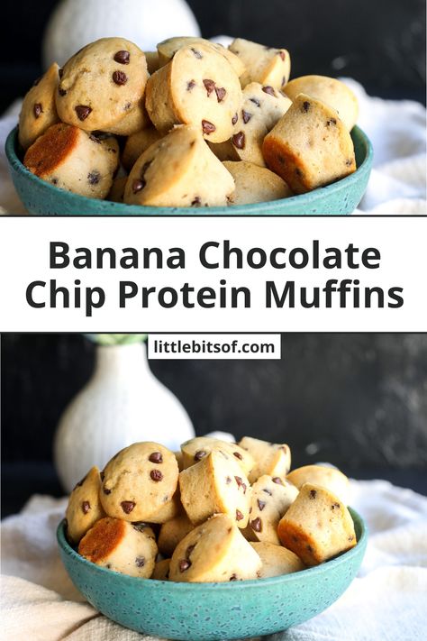 Banana Chocolate Chip Protein Muffins - Little Bits of... Banana Chocolate Chip Mini Muffins, Gluten Free Protein Muffins, Chocolate Chip Protein Muffins, Banana Chip Muffins, Banana Protein Muffins, Low Calorie Protein, Quick Protein, Banana Protein, Sweet Treats Desserts