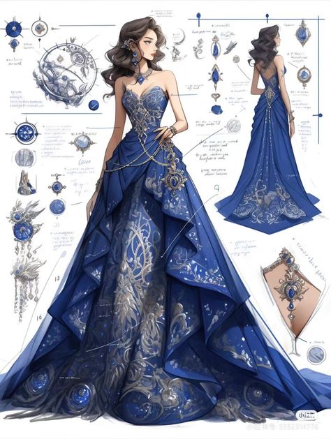 Blue Fantasy Dress, Blue Gowns, Blue Aesthetics, Magical Dress, Dreamy Gowns, Dress Illustration, Costume Inspo, Fantasy Dresses, Fashion Drawing Dresses