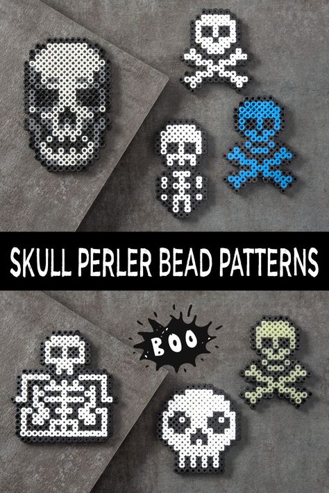 You’ll love these patterns for skull perler beads, perfect for Halloween or any other time of year. Easy to make for kids or adults! Skull Perler, Hama Beads Halloween, Hamma Beads Ideas, Easy Perler Beads Ideas, Sugar Skull Design, Halloween Beads, Learn Embroidery, Pixel Art Pattern, Perler Beads Designs