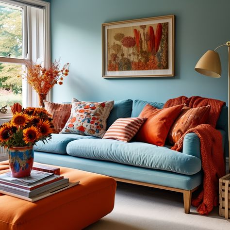 "Merge the delicate artistry of floral embroidery with the zest of orange cushions, all set against a tranquil sky blue sofa. It's a melody of nature and vibrancy, perfect for a refreshing living space." #FloralFusion #OrangeZest #SereneSpaces #EmbroideryElegance #cushioncover #cushion #cushions #cushioncovers #homeinspo #homedeco 🌼🍊🛋️🎨🌸🌿 Blue Sofa Orange Cushions, Sky Blue Couch Living Room, Living Room Blue And Orange, Light Blue And Orange Living Room, Art Over Sofa Living Rooms, Orange And Blue Living Room Decor Ideas, Blue And Orange Living Room Color Scheme, Orange And Blue Aesthetic Living Room, Orange Blue Interior