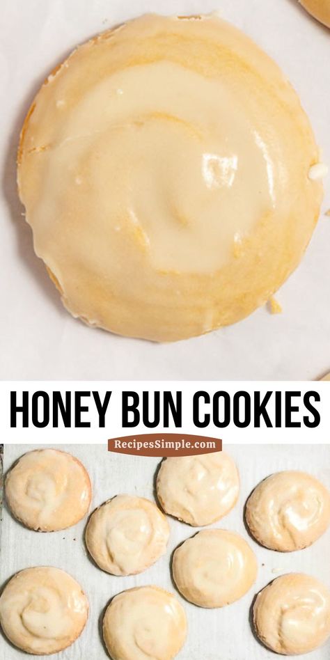 These Honey Bun Cookies are soft, chewy, and have a hint of cinnamon, and the sweet honey and butter glaze adds the perfect sweetness. Easy cookie recipe for any occasion! Honey Bun Crumbl Cookie Recipe, Honey Butter Biscuits Pillsbury Recipes, Honey Bun Cookie Recipe, Soft Honey Cookies, Honey Butter Cookies, Dessert With Honey, Honeybun Cookies, Honey Bun Cookies, Glaze For Cookies