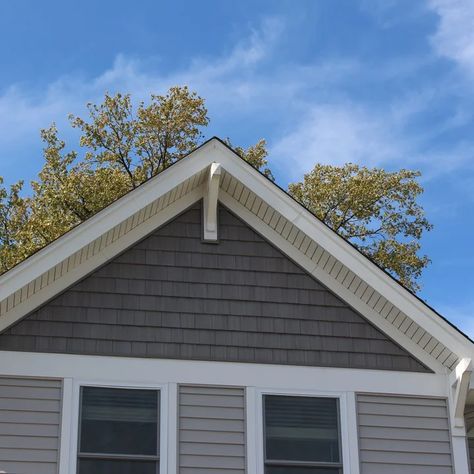 Vinyl Shake Siding - Photos & Ideas | Houzz Vinyl Cedar Shake Siding Accent, Vinyl Shakes On House, Peak Siding Ideas, Shakes On House Exterior, Gable End Siding Ideas, Accent Siding Exterior, Faux Cedar Shake Siding, Shake Siding Exterior Accent, Vinyl Shake Siding Exterior