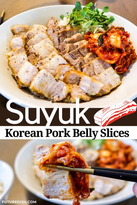 Here's how to make Suyuk at home. Suyuk is Korean Pork Belly Slices! Make it at home with this ultra-simple recipe - pair it with kimchi for extra credit! Kimchi Pork Belly, Korean Grill At Home, Che Recipe, Asian Pork Belly, Korean Pork Belly, Korean Banchan, Korean Food Side Dishes, Pork Belly Recipes Crispy, Korean Pork